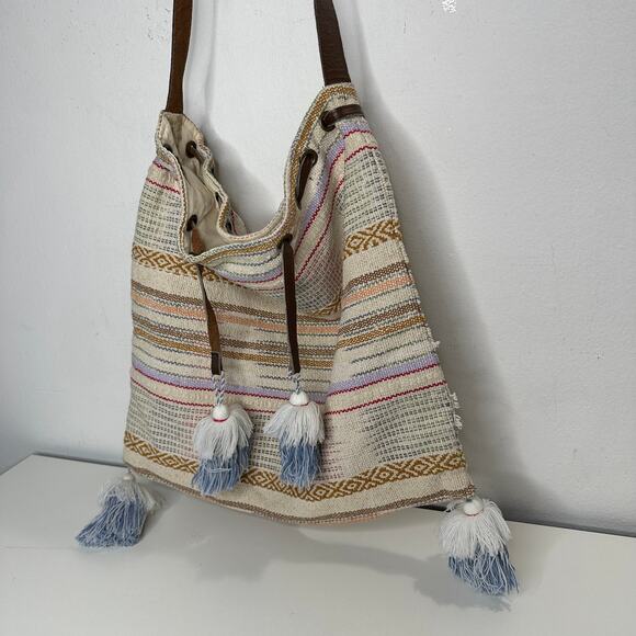 Lovestitch Tan Multicolor Striped Canvas Boho Bag Drawstring Snap Closure - Picture 4 of 16